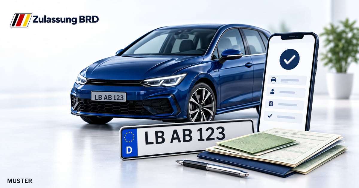 Online Fahrzeugzulassung in Tamm: Musterkennzeichen LB AB 123, Auto und Fahrzeugpapiere und Smartphone. Illustration mit Logo von Zulassung BRD.
